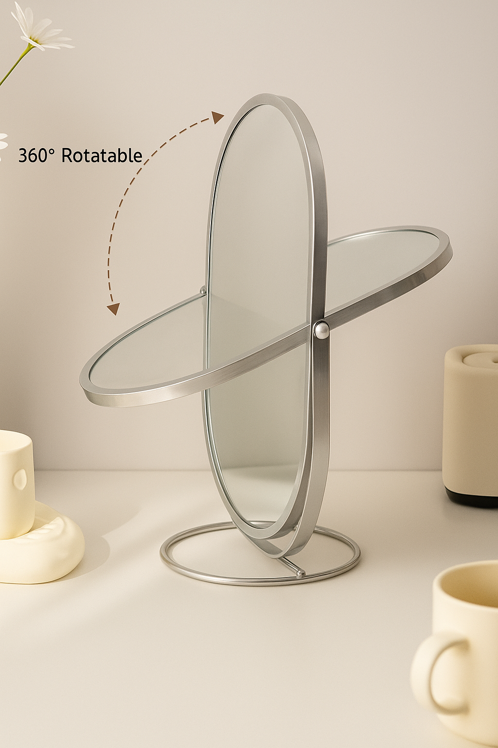 Iron Art 360° Roterbar Smink Spegel – Ovalt Skrivbords spegel i Lyxig Metallram