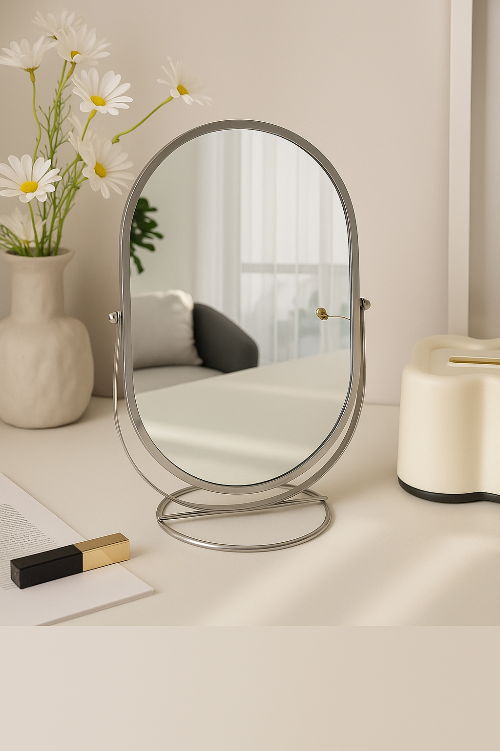 Iron Art 360° Roterbar Smink Spegel – Ovalt Skrivbords spegel i Lyxig Metallram