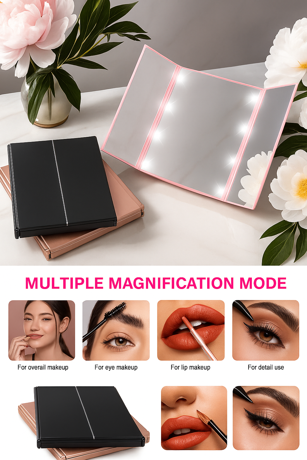 LED Sminkspegel Portabel Tre-sidig – Perfekt för Resor och Snabba Touch-ups!