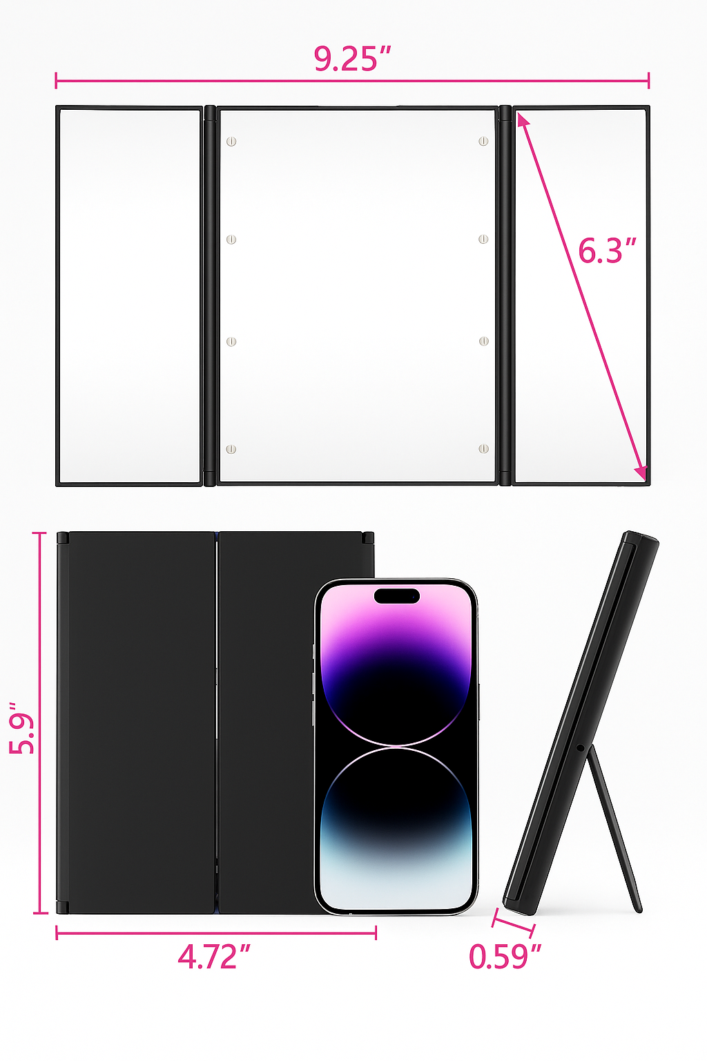 LED Sminkspegel Portabel Tre-sidig – Perfekt för Resor och Snabba Touch-ups!