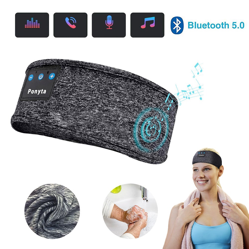 Bluetooth 5.0 Trådlöst Pannband med Högtalare & Mikrofon – Sov & Träna Bekvämt
