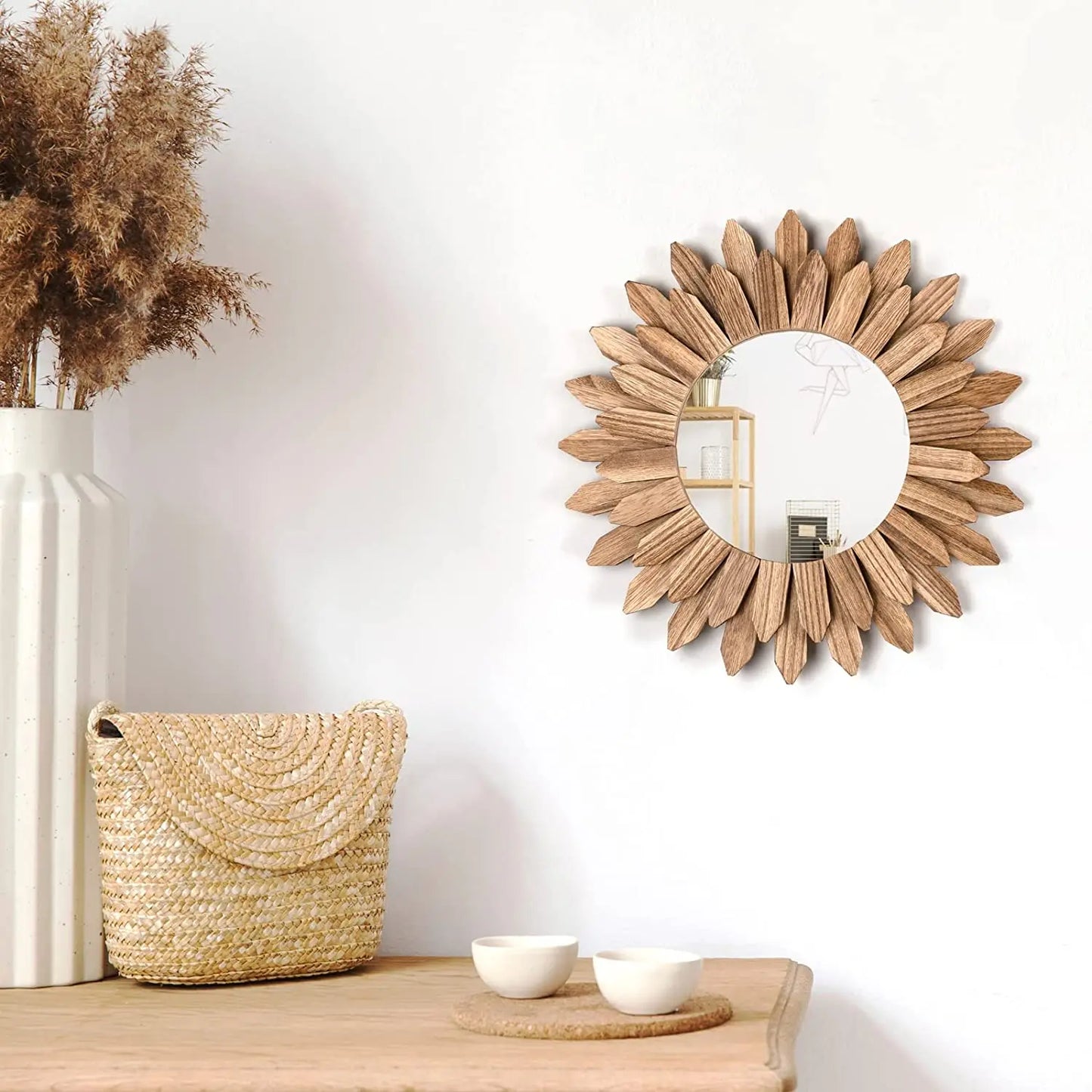 Rustik Väggspegel i Solstråle-Design – 24,5/50cm Boho Dekorativ Spegel i Trä för Hall, Sovrum & Vardagsrum
