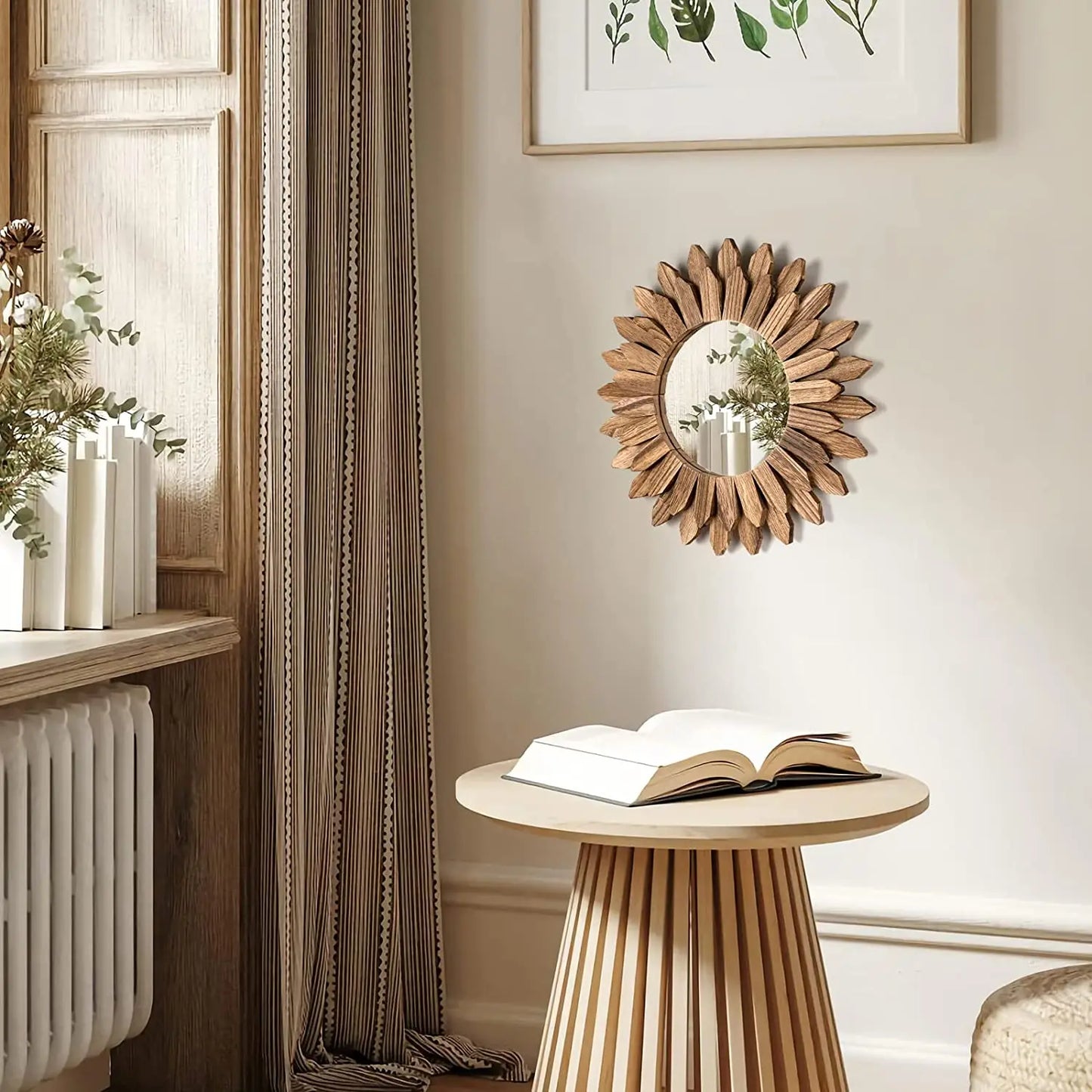 Rustik Väggspegel i Solstråle-Design – 24,5/50cm Boho Dekorativ Spegel i Trä för Hall, Sovrum & Vardagsrum