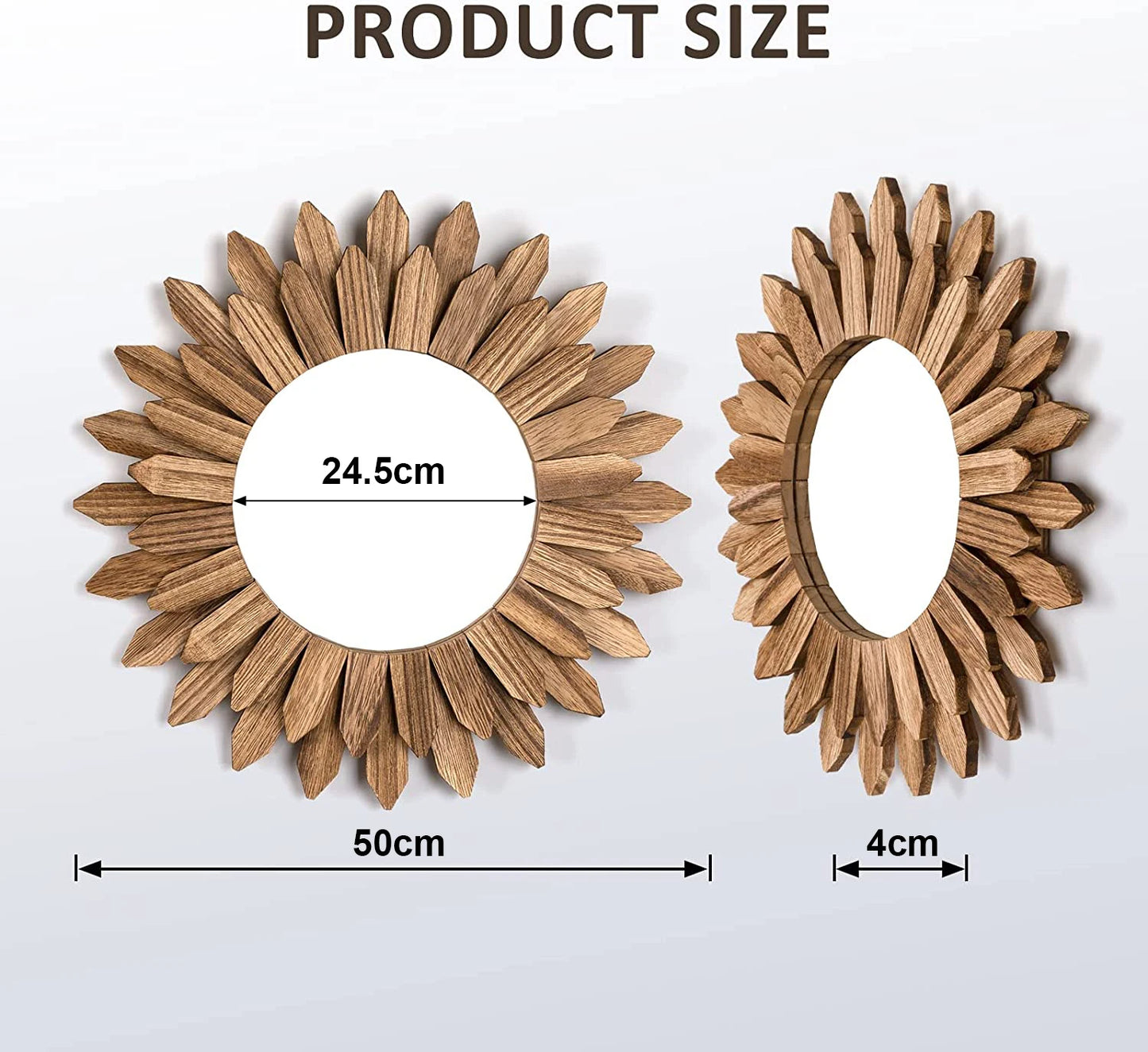 Rustik Väggspegel i Solstråle-Design – 24,5/50cm Boho Dekorativ Spegel i Trä för Hall, Sovrum & Vardagsrum