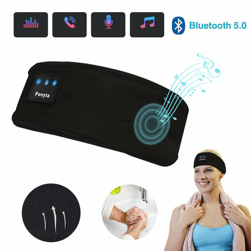 Bluetooth 5.0 Trådlöst Pannband med Högtalare & Mikrofon – Sov & Träna Bekvämt
