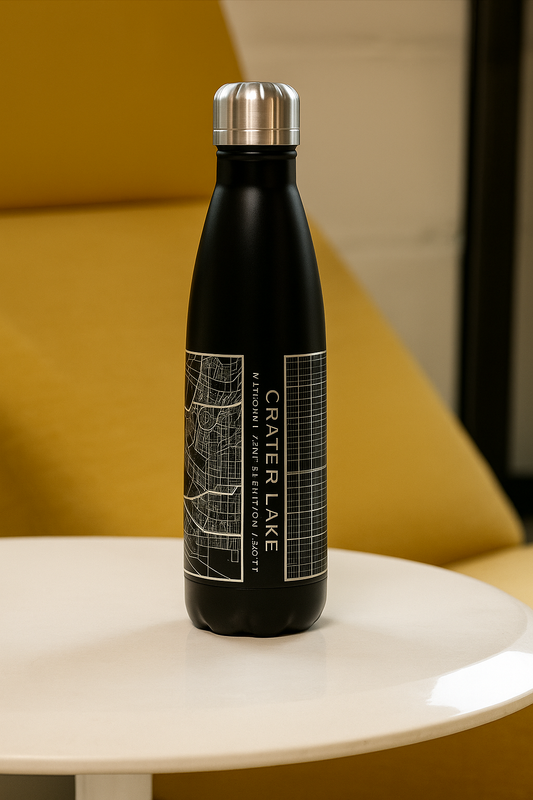 Crater Lake National Park - Oregon Map Insulated Bottle in Matte Black