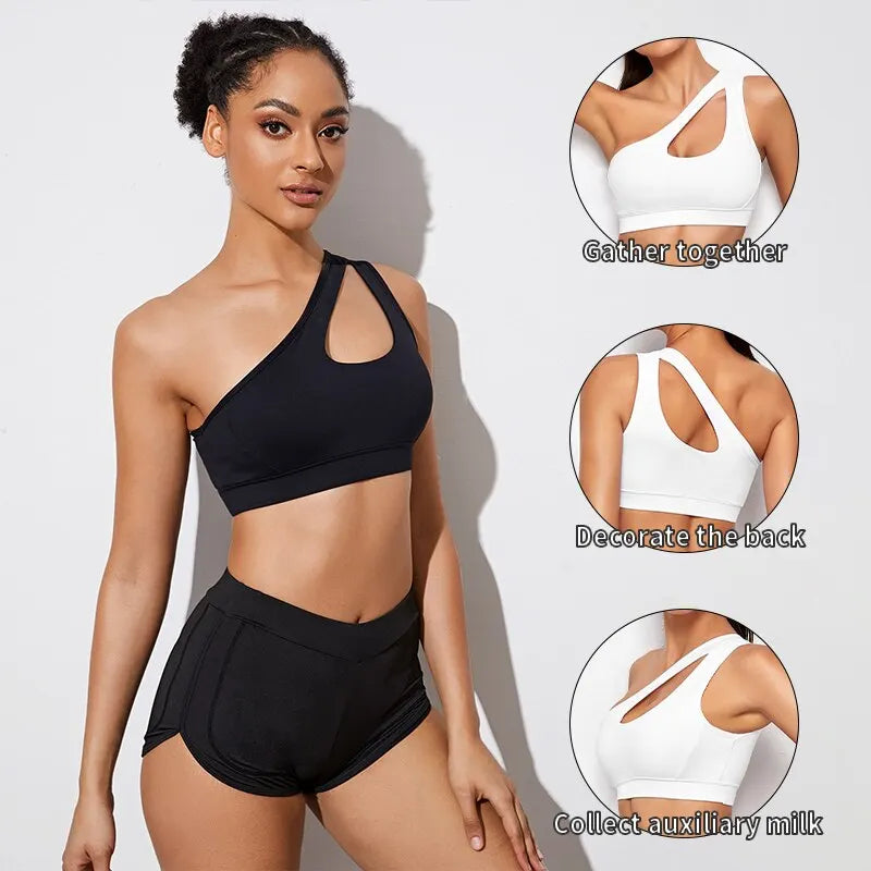 Women Sports Bra Push Up Fitness Bras One Shoulder Shockproof Yoga Bra