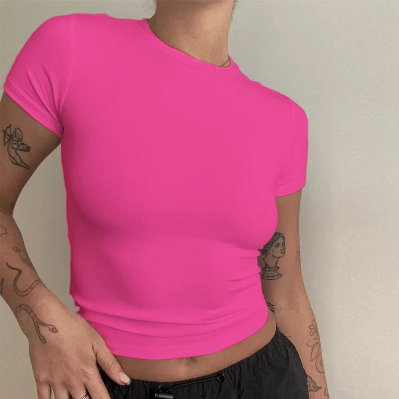 Woman Clothing Short Sleeve T-shirt – Slim Fit O-Neck Top för Kvinnor