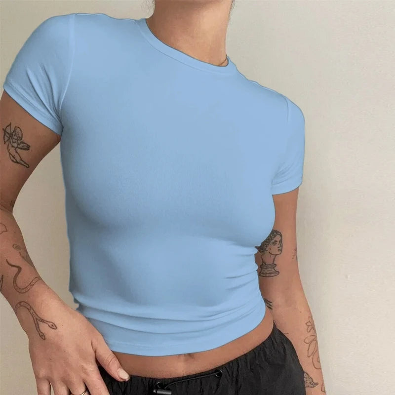 Woman Clothing Short Sleeve T-shirt – Slim Fit O-Neck Top för Kvinnor