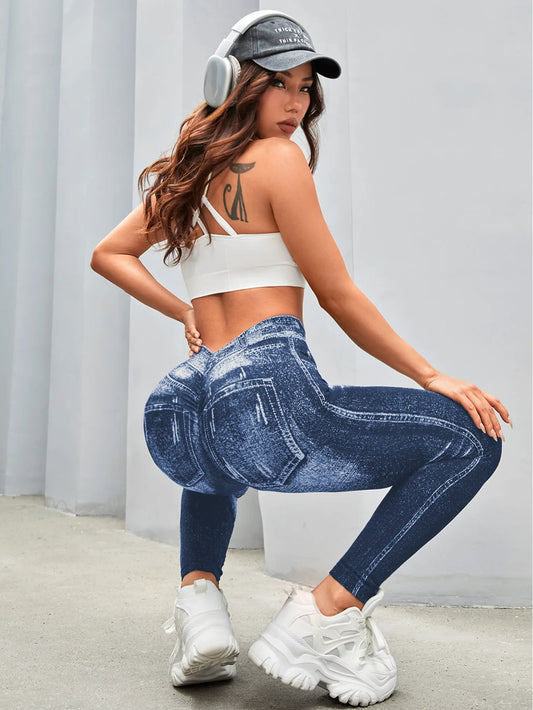 V-Back Booty Lift Leggings – Träningsbyxor med Jeanslook & Skulpterande Effekt