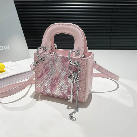 Mini Lyxväska med Ormmönster – Rosa Axeldekoration för Alla Säsonger