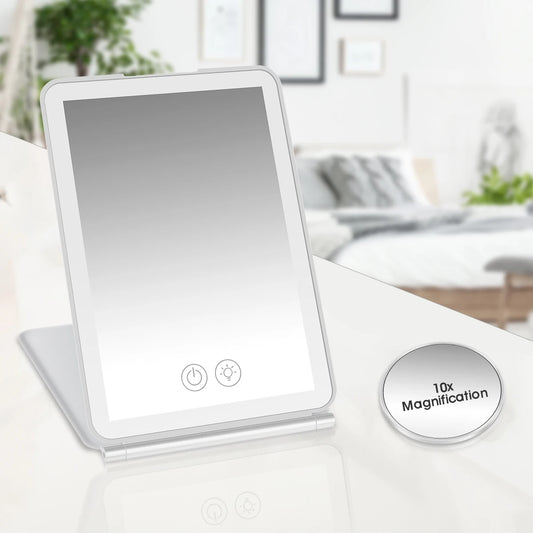 LED Smink spegel med 10X Förstoringsspegel – Touchskärm, 3 Ljuslägen, 56 LED-lampor, USB-laddning, Vikbar