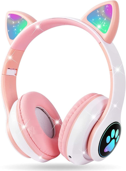 Kids Bluetooth Hörlurar med Kattöron – Trådlösa & Trådbundna (Peach)